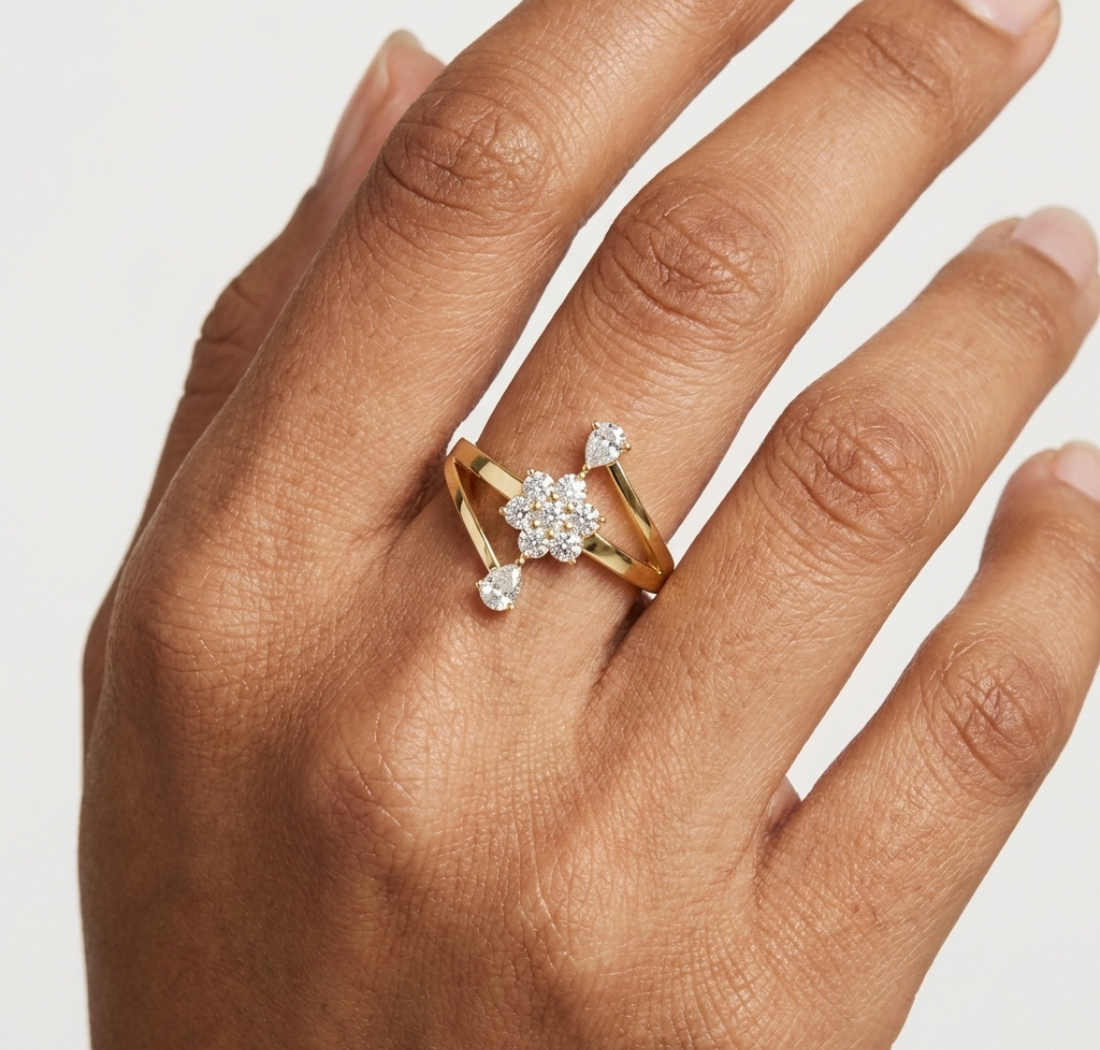 Gold Floral Cluster Drop Round Lab Grown Diamond Ziven Ring