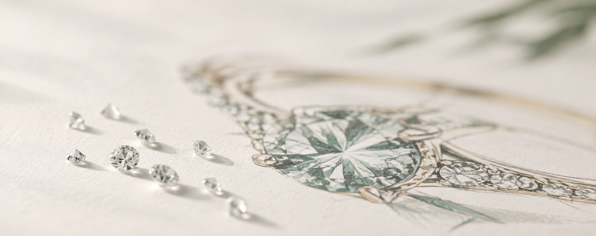 Brilliant cut diamonds scattered across a luxury jewelry inspired backdrop