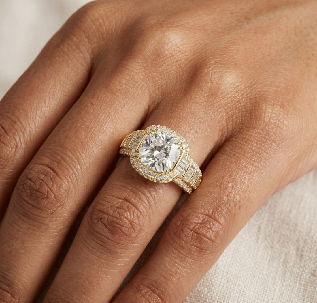 Gold 3Ct Cushion Halo Pave Baguette Lab Grown Diamond Cireyne Ring