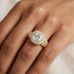 Gold 3Ct Cushion Halo Pave Baguette Lab Grown Diamond Cireyne Ring