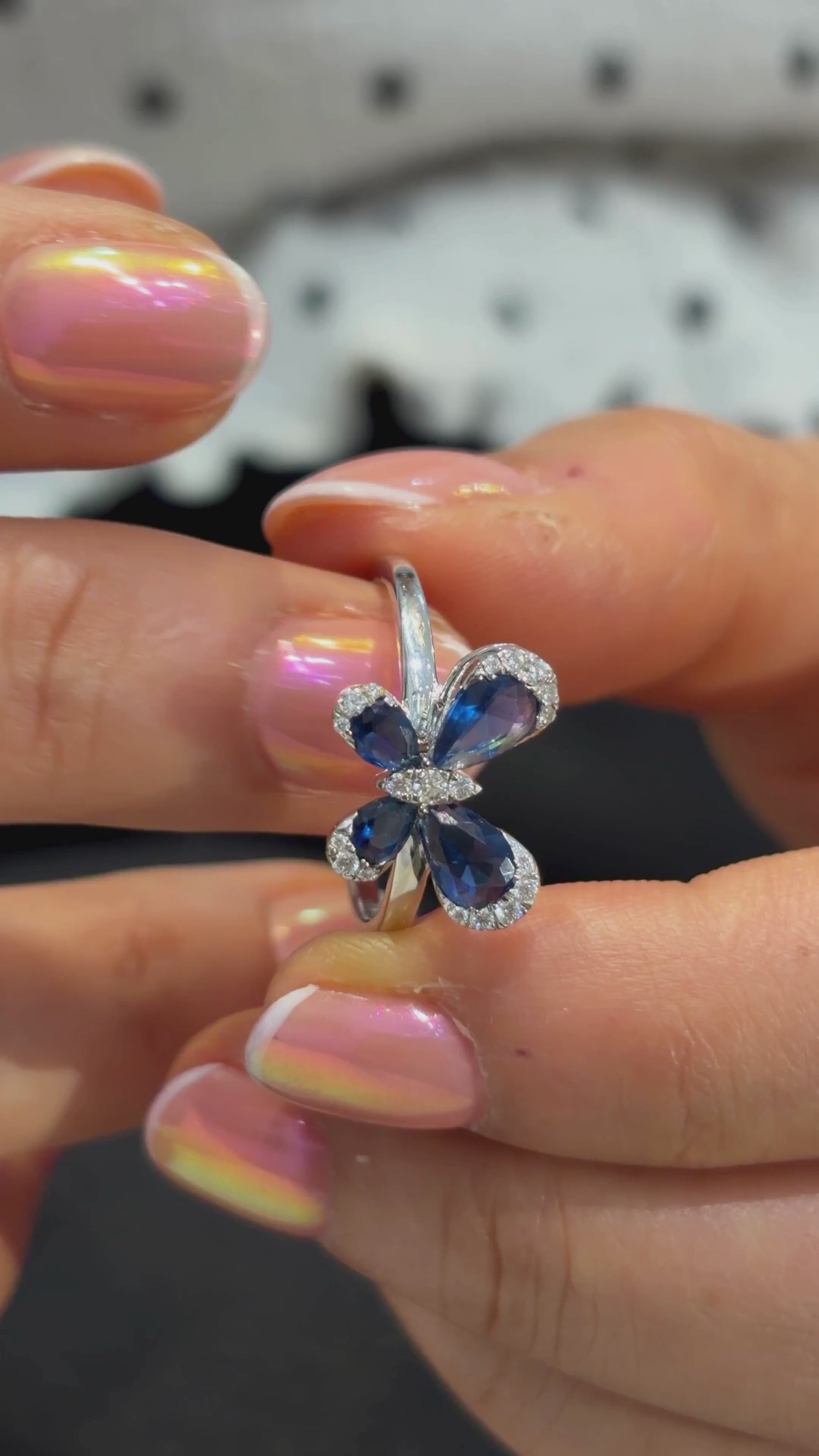 Blue stone pear butterfly lab grown diamond papillon ring