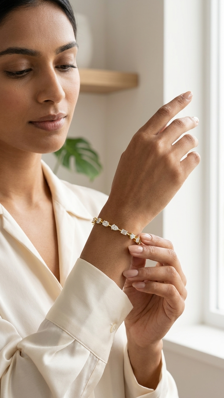 A woman styles a yellow gold lab grown diamond bracelet featuring heart shaped and round diamonds for an everyday jewellery look