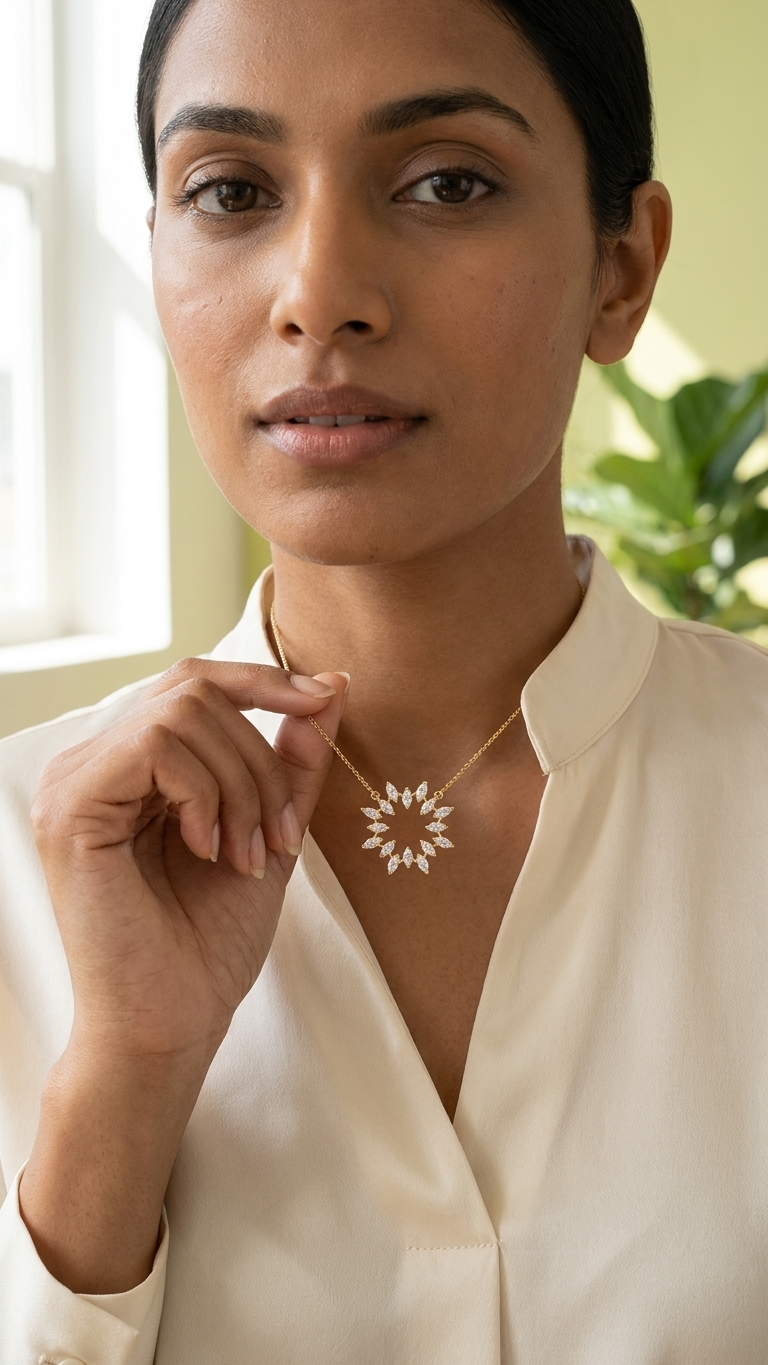 A woman wears a floral lab grown diamond pendant necklace in yellow gold for a clean and contemporary everyday look